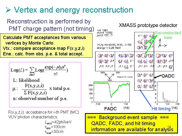 Ø Vertex and energy reconstruction Reconstruction is performed by PMT charge pattern (not timing)