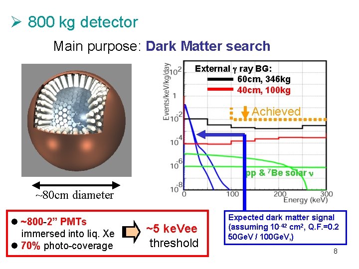 Ø 800 kg detector Main purpose: Dark Matter search External g ray BG: 60