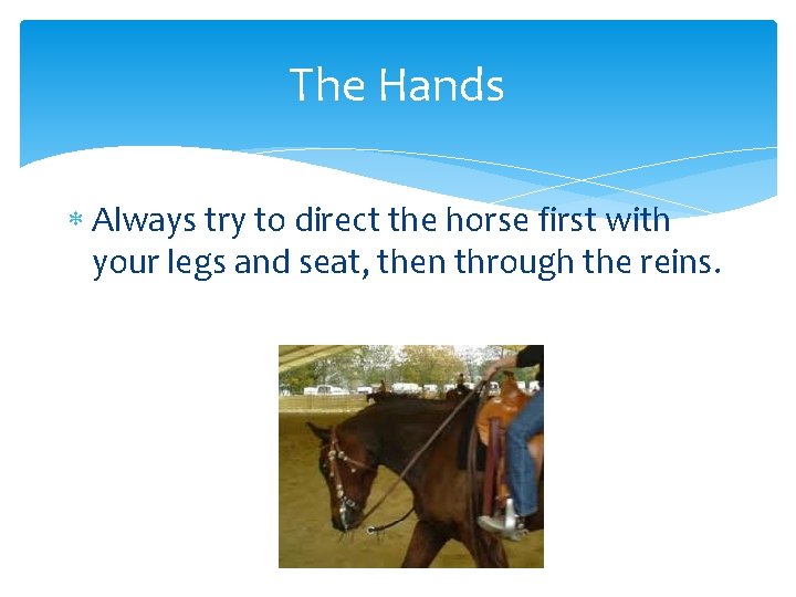 The Hands Always try to direct the horse first with your legs and seat,