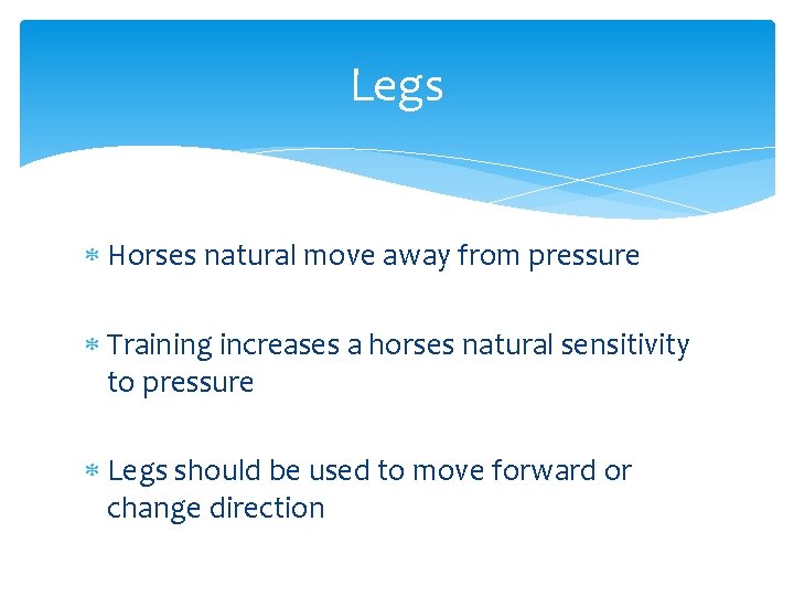 Legs Horses natural move away from pressure Training increases a horses natural sensitivity to