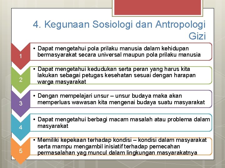 4. Kegunaan Sosiologi dan Antropologi Gizi 1 • Dapat mengetahui pola prilaku manusia dalam