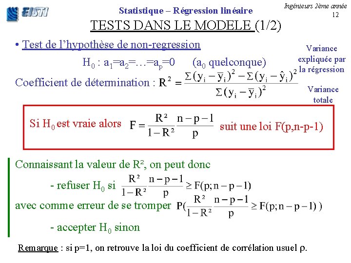 Statistique – Régression linéaire TESTS DANS LE MODELE (1/2) • Test de l’hypothèse de