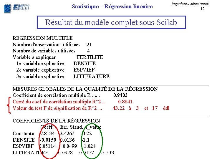 Statistique – Régression linéaire Ingénieurs 2ème année 19 Résultat du modèle complet sous Scilab