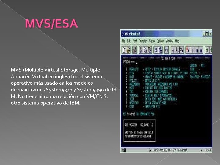 MVS/ESA MVS (Multiple Virtual Storage, Múltiple Almacén Virtual en inglés) fue el sistema operativo