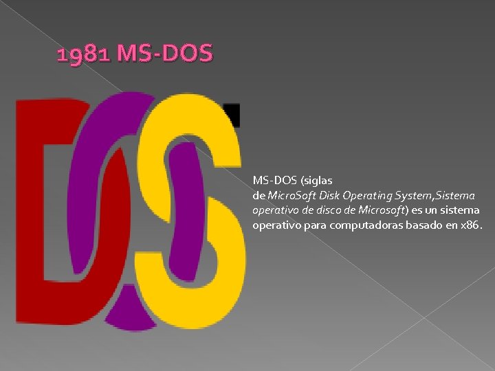 1981 MS-DOS (siglas de Micro. Soft Disk Operating System, Sistema operativo de disco de