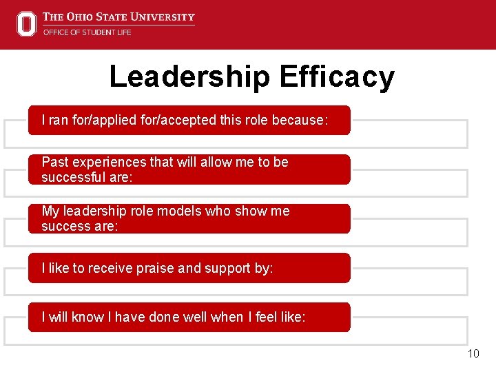 Leadership Efficacy I ran for/applied for/accepted this role because: Past experiences that will allow