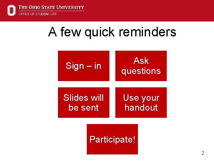 A few quick reminders Sign – in Ask questions Slides will be sent Use