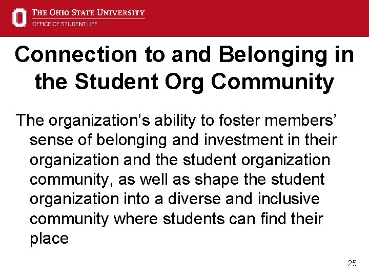 Connection to and Belonging in the Student Org Community The organization’s ability to foster