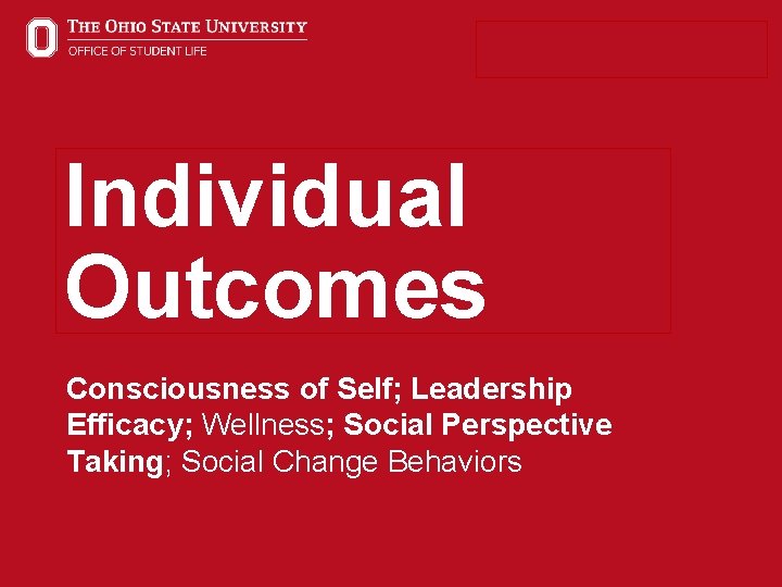Individual Outcomes Consciousness of Self; Leadership Efficacy; Wellness; Social Perspective Taking; Social Change Behaviors