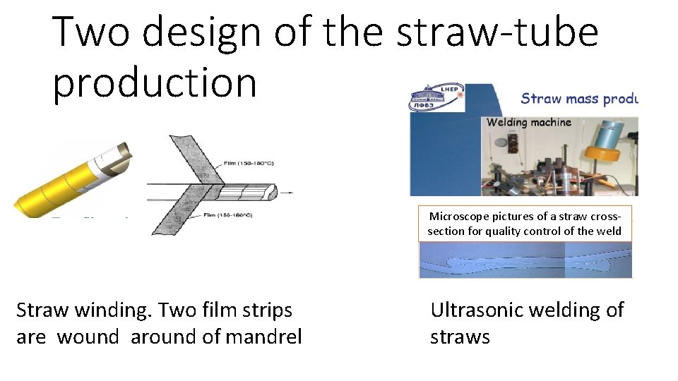 Two design of the straw-tube production Microscope pictures of a straw crosssection for quality