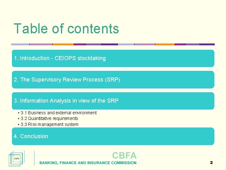 Table of contents 1. Introduction - CEIOPS stocktaking 2. The Supervisory Review Process (SRP)
