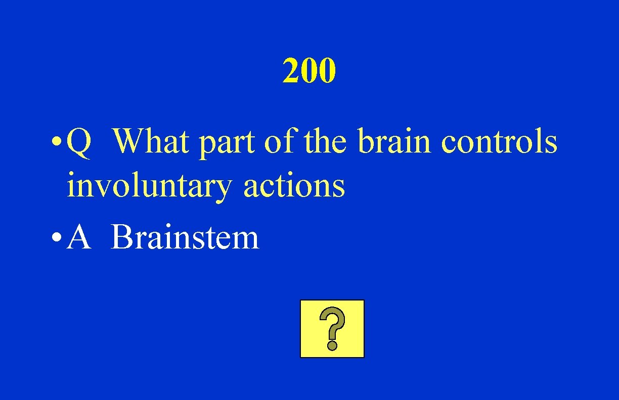 200 • Q What part of the brain controls involuntary actions • A Brainstem