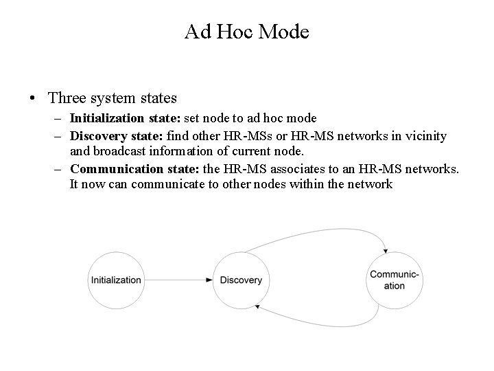 Ad Hoc Mode • Three system states – Initialization state: set node to ad