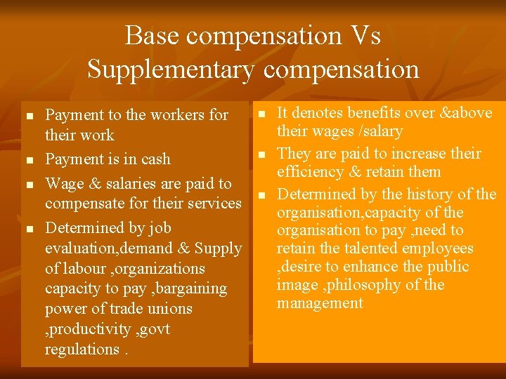 Base compensation Vs Supplementary compensation n n Payment to the workers for their work