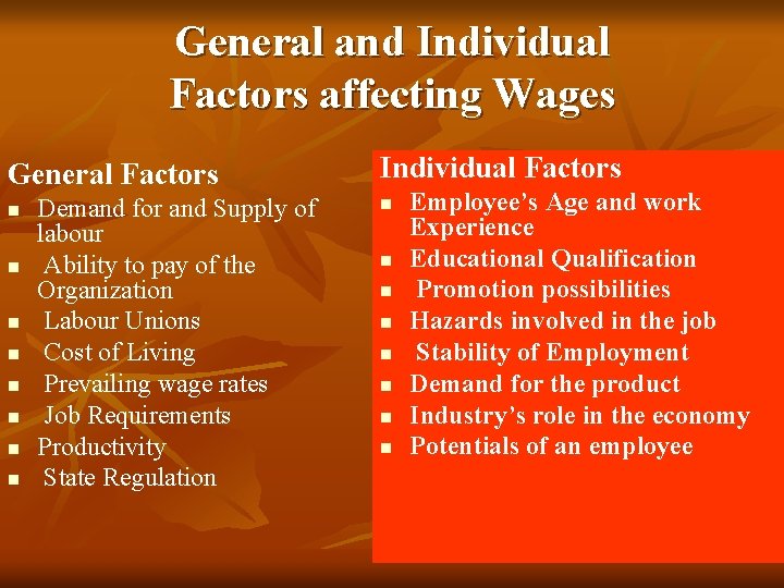 General and Individual Factors affecting Wages General Factors n n n n Demand for