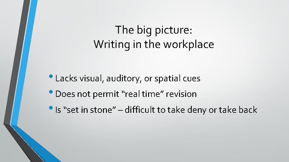 The big picture: Writing in the workplace • Lacks visual, auditory, or spatial cues