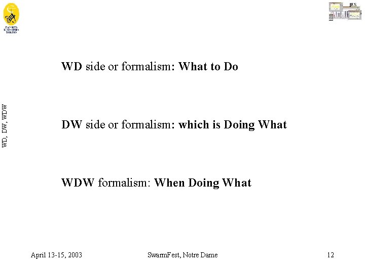 WD, DW, WDW WD side or formalism: What to Do DW side or formalism: