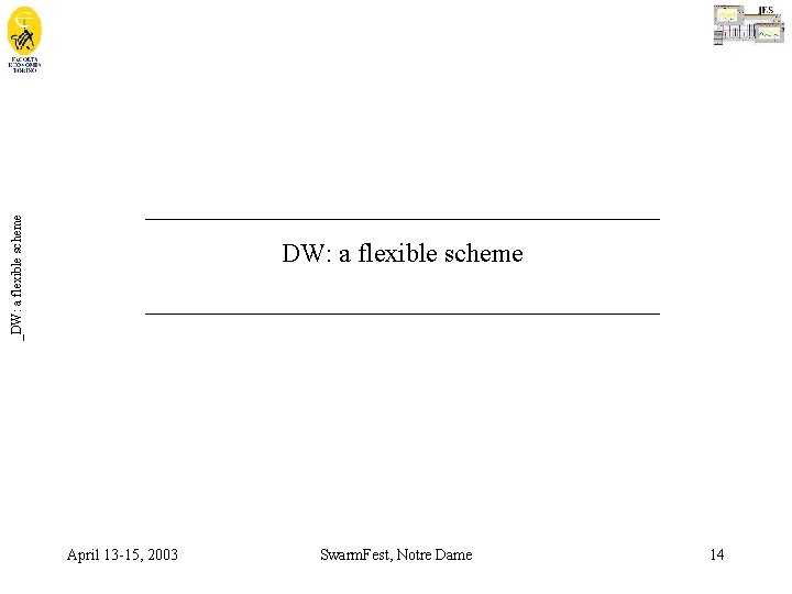 _DW: a flexible scheme _______________________________________ April 13 -15, 2003 Swarm. Fest, Notre Dame 14