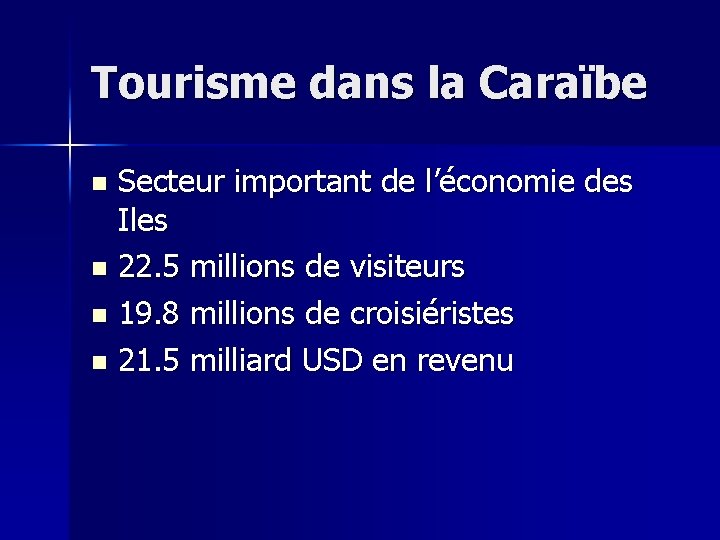 Tourisme dans la Caraïbe Secteur important de l’économie des Iles 22. 5 millions de