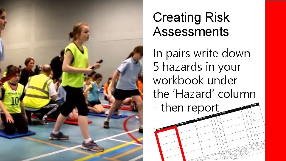 Creating Risk Assessments In pairs write down 5 hazards in your workbook under the