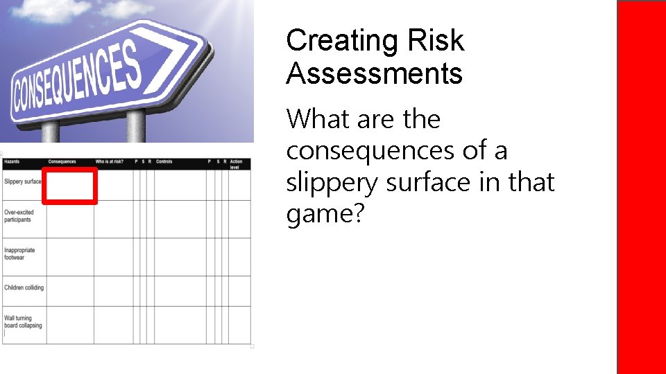 Creating Risk Assessments What are the consequences of a slippery surface in that game?