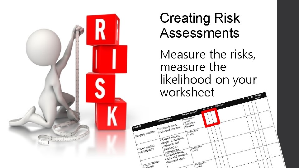 Creating Risk Assessments Measure the risks, measure the likelihood on your worksheet 