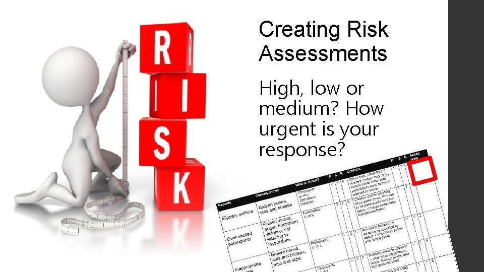 Creating Risk Assessments High, low or medium? How urgent is your response? 