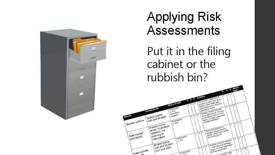 Applying Risk Assessments Put it in the filing cabinet or the rubbish bin? 