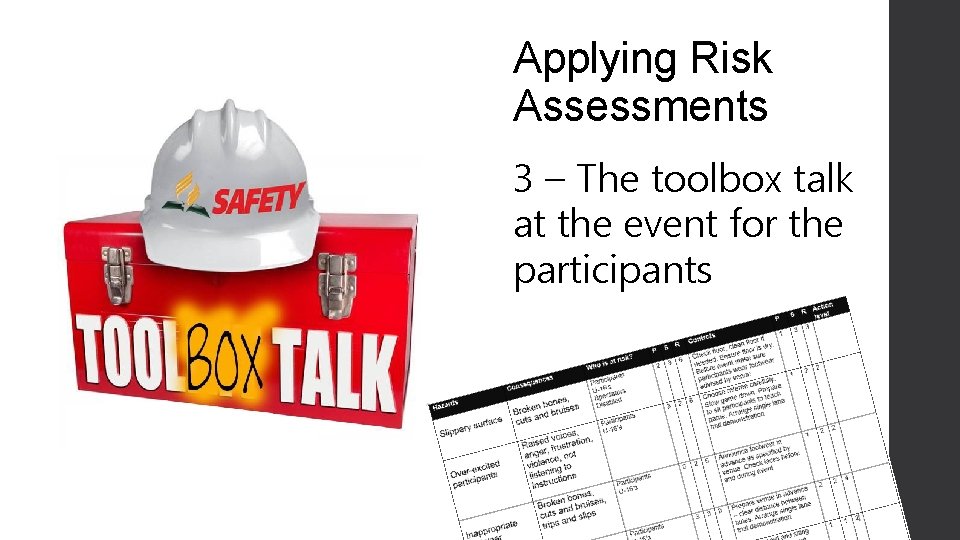 Applying Risk Assessments 3 – The toolbox talk at the event for the participants