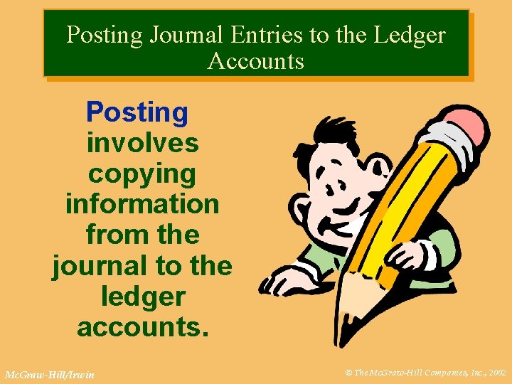 Posting Journal Entries to the Ledger Accounts Posting involves copying information from the journal