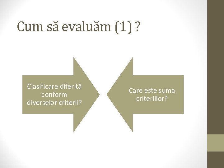 Cum să evaluăm (1) ? Clasificare diferită conform diverselor criterii? Care este suma criteriilor?