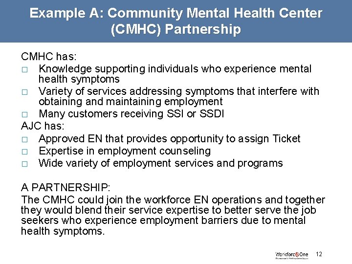 Example A: Community Mental Health Center (CMHC) Partnership CMHC has: � Knowledge supporting individuals