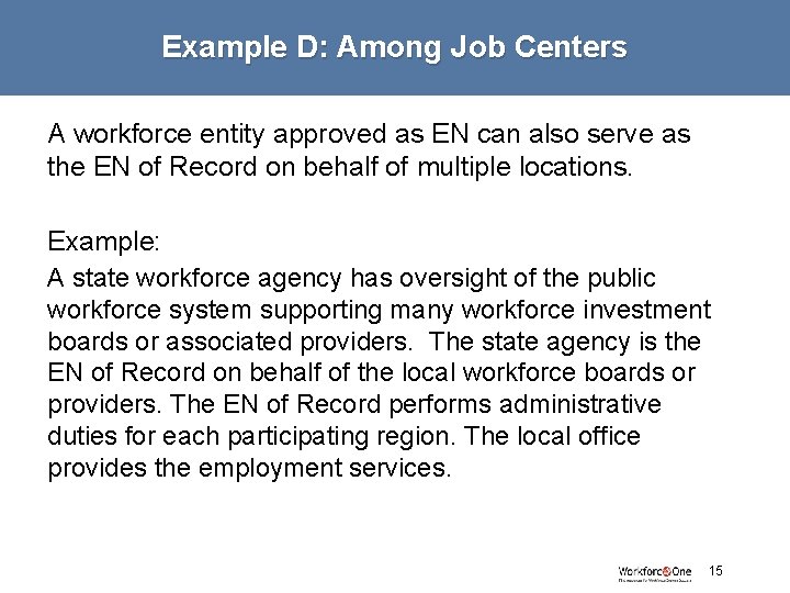 Example D: Among Job Centers A workforce entity approved as EN can also serve