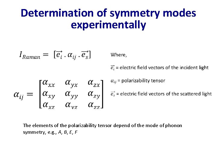 Determination of symmetry modes experimentally The elements of the polarizability tensor depend of the