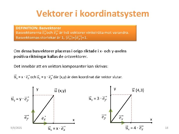 Vektorer i koordinatsystem Om dessa basvektorer placeras i origo riktade i x- och y-axelns