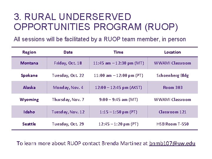 3. RURAL UNDERSERVED OPPORTUNITIES PROGRAM (RUOP) All sessions will be facilitated by a RUOP
