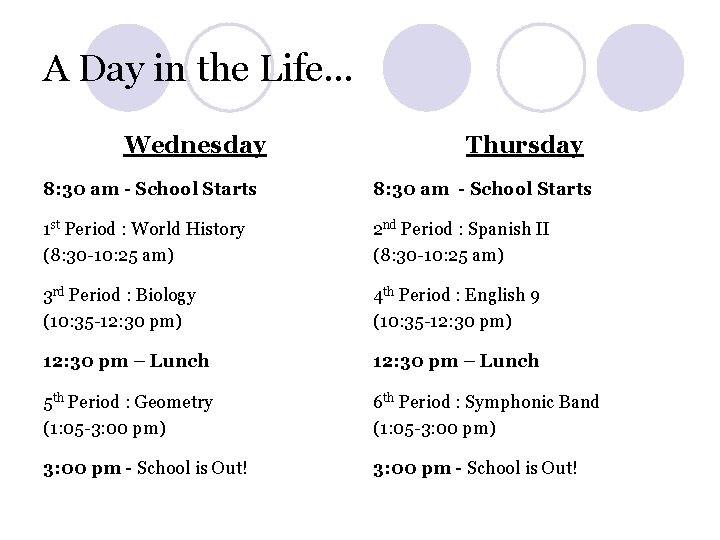 A Day in the Life… Wednesday Thursday 8: 30 am - School Starts 1 A Day in the Life… Wednesday Thursday 8: 30 am - School Starts 1