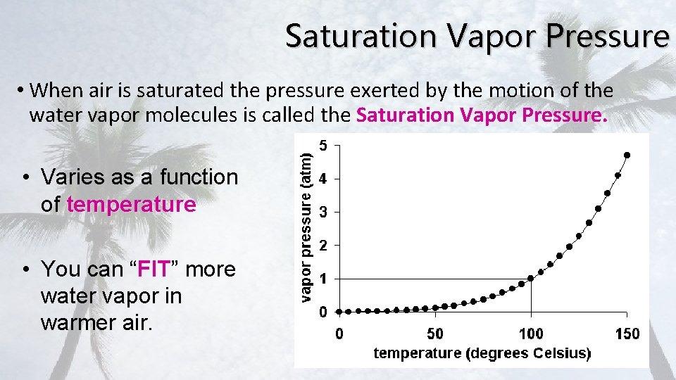 Saturation Vapor Pressure • When air is saturated the pressure exerted by the motion