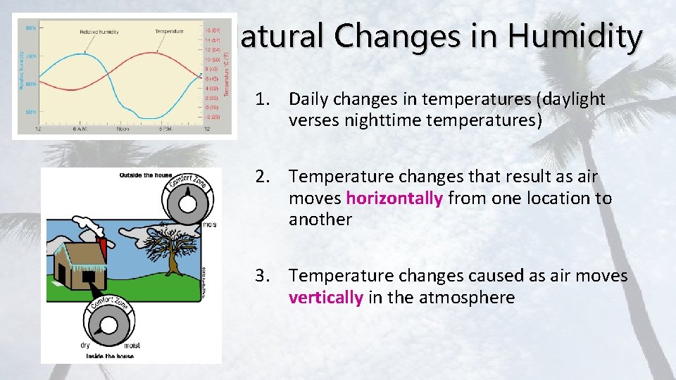 Natural Changes in Humidity 1. Daily changes in temperatures (daylight verses nighttime temperatures) 2.