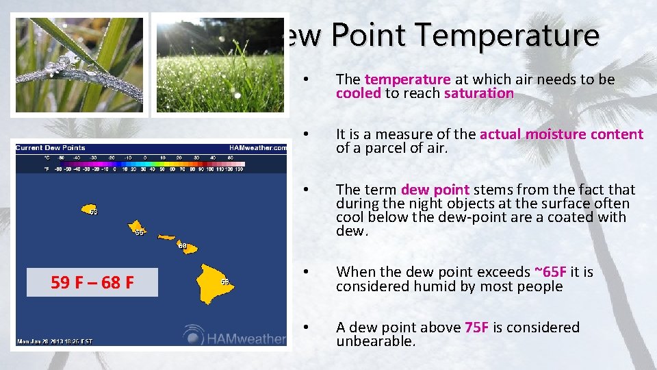 Dew Point Temperature 59 F – 68 F • The temperature at which air