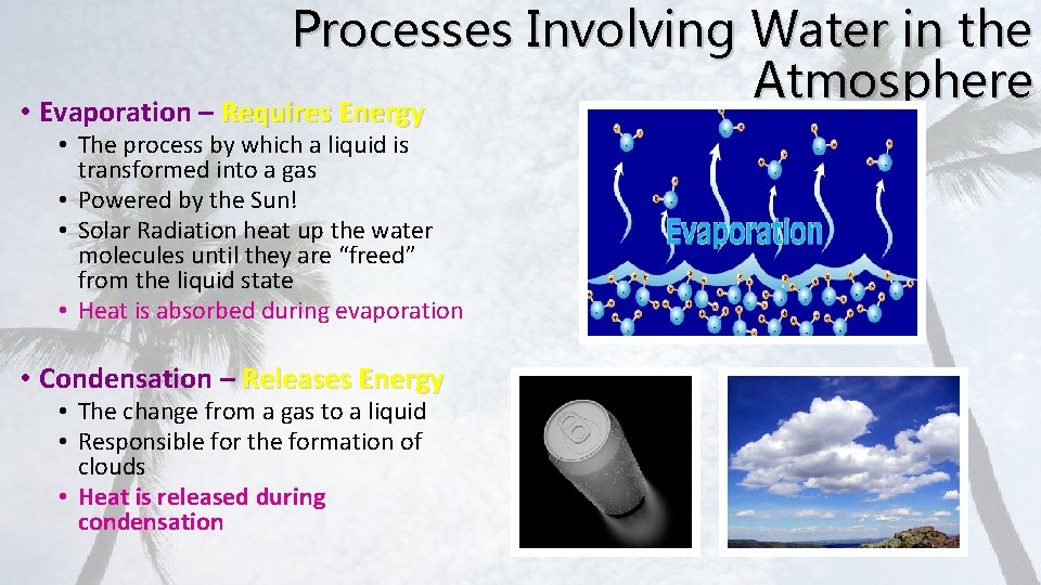 Processes Involving Water in the Atmosphere • Evaporation – Requires Energy • The process