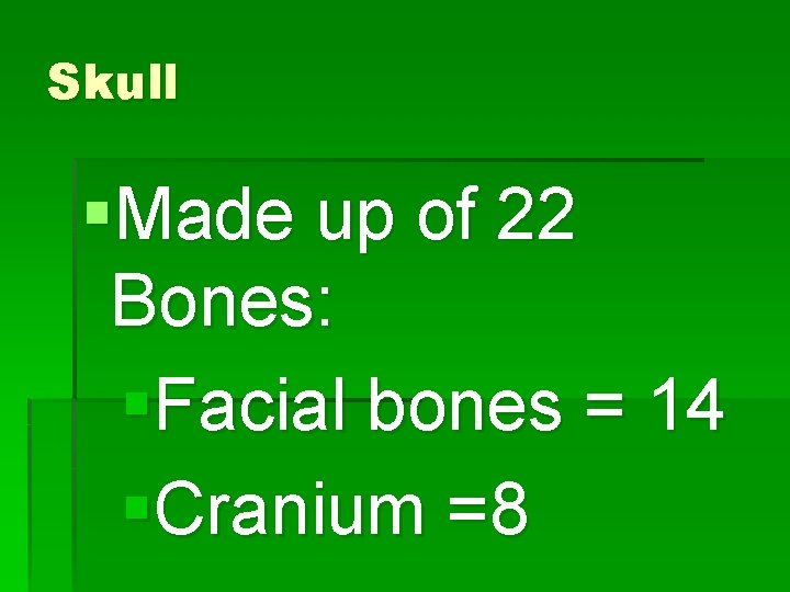 Skull §Made up of 22 Bones: §Facial bones = 14 §Cranium =8 