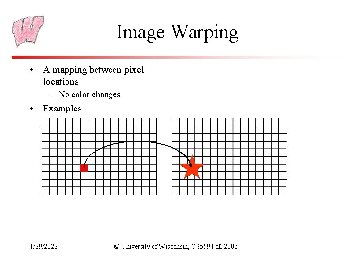 Image Warping • A mapping between pixel locations – No color changes • Examples
