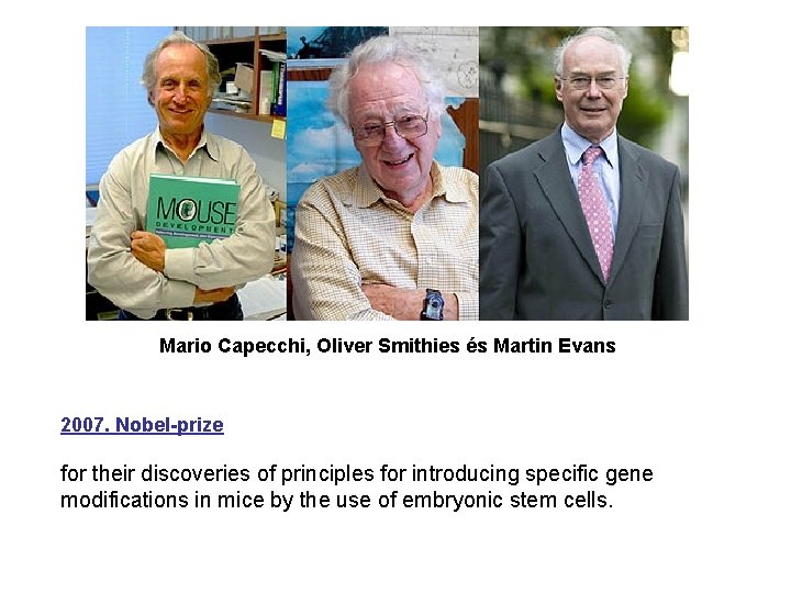 Mario Capecchi, Oliver Smithies és Martin Evans 2007. Nobel-prize for their discoveries of principles
