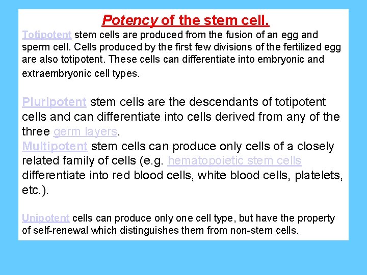 Potency of the stem cell. Totipotent stem cells are produced from the fusion of