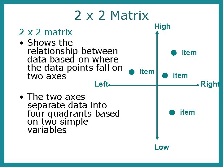 2 x 2 Matrix 2 matrix • Shows the relationship between data based on