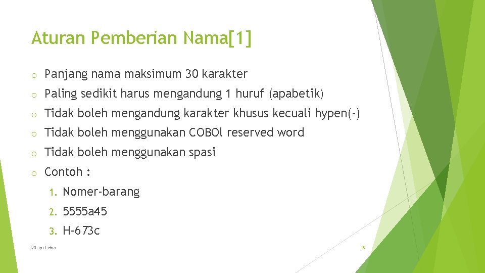 Aturan Pemberian Nama[1] o Panjang nama maksimum 30 karakter o Paling sedikit harus mengandung