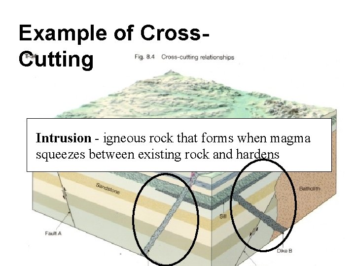 Example of Cross. Cutting Intrusion- igneousrockthatformswhenmagma squeezesbetweenexistingrockand andhardens 