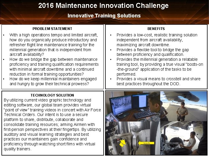 2016 Maintenance Innovation Challenge Innovative Training Solutions PROBLEM