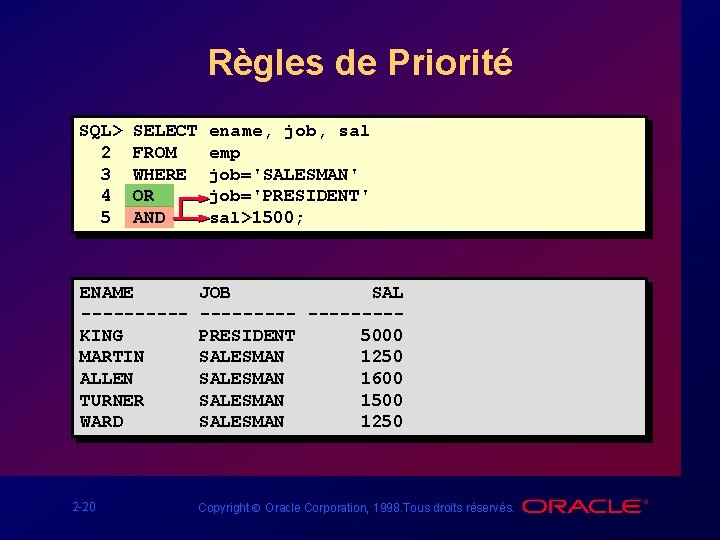 Règles de Priorité SQL> 2 3 4 5 SELECT FROM WHERE OR AND ENAME